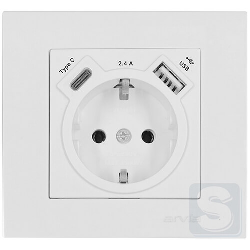 Розетка із заземленням та шторками USB-A + USB-C 5V-2.4A Arvia Electric KAREN Білий (20 01 1000 301)